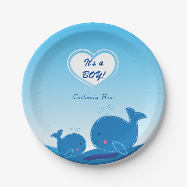 Plato De Papel 2 Placas Fiestas Baby Shower de ballenas azules (Anverso)