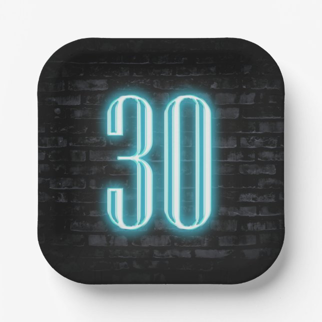 Plato De Papel 30.ª Fiesta de cumpleaños Rótulo Neon en ladrillo (Anverso)