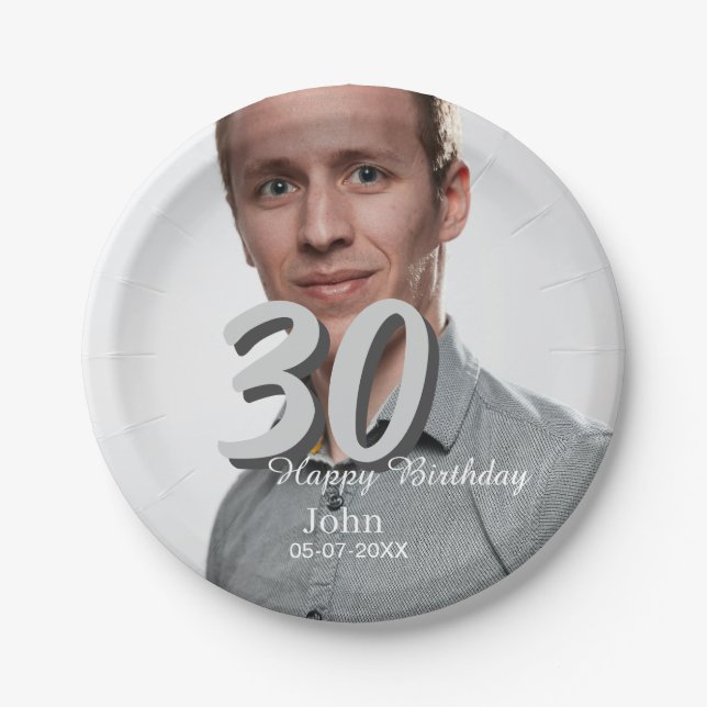 Plato De Papel 30.º cumpleaños añadir nombre fecha año foto blanc (Anverso)
