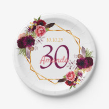 30.º cumpleaños blanco floral burdeos geométrico