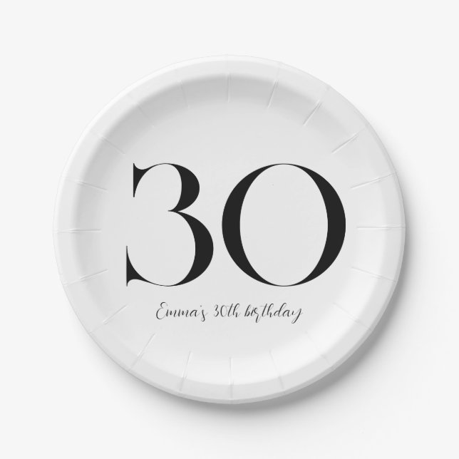 Plato De Papel 30.º cumpleaños blanco y negro (Anverso)