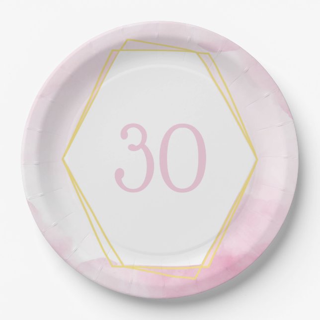 Plato De Papel 30.º cumpleaños Rosa y Oro (Anverso)