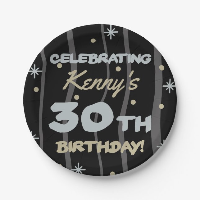 Plato De Papel 30.º Fiesta de cumpleaños añada tu nombre (Anverso)