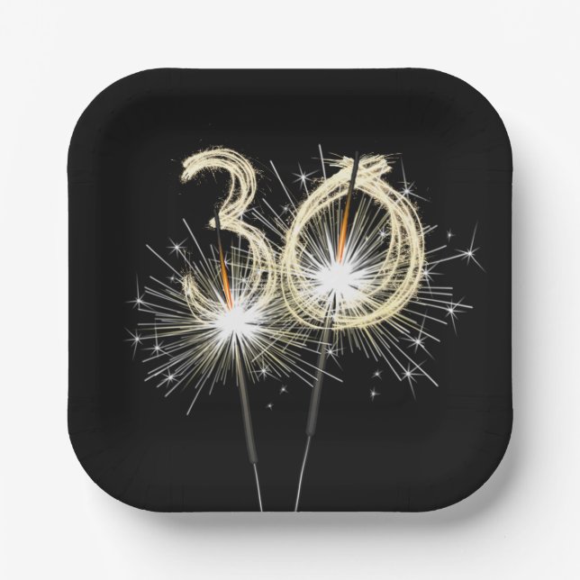 Plato De Papel 30.º Fiesta de cumpleaños esparcen en negro (Anverso)