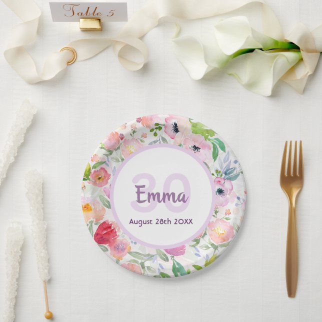 Plato De Papel 30.º nombre blanco rosado de florals (Boda)