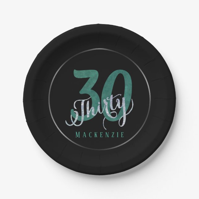 Plato De Papel 30.º verde | Fiesta del Aniversario Personalizado  (Anverso)