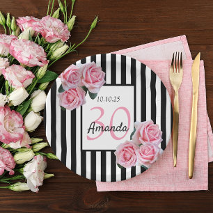 Plato De Papel 30 años flores rosadas rayas blancas negras