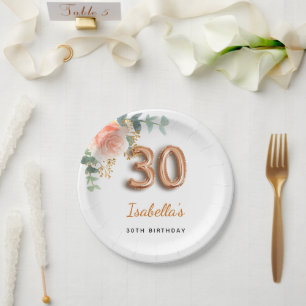 Plato De Papel 30 años rosa floral oro eucalipto monograma