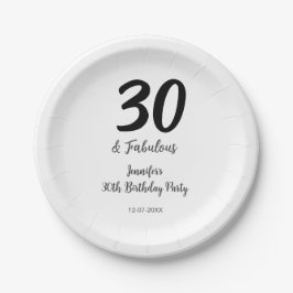 Plato De Papel 30 cumpleaños añadir nombre fecha año negro