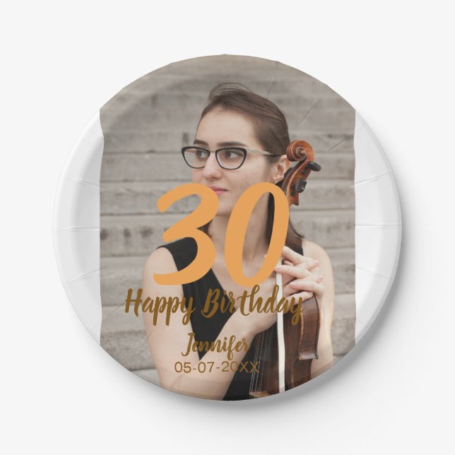 Plato De Papel 30th birthday add name date year white photo (Anverso)