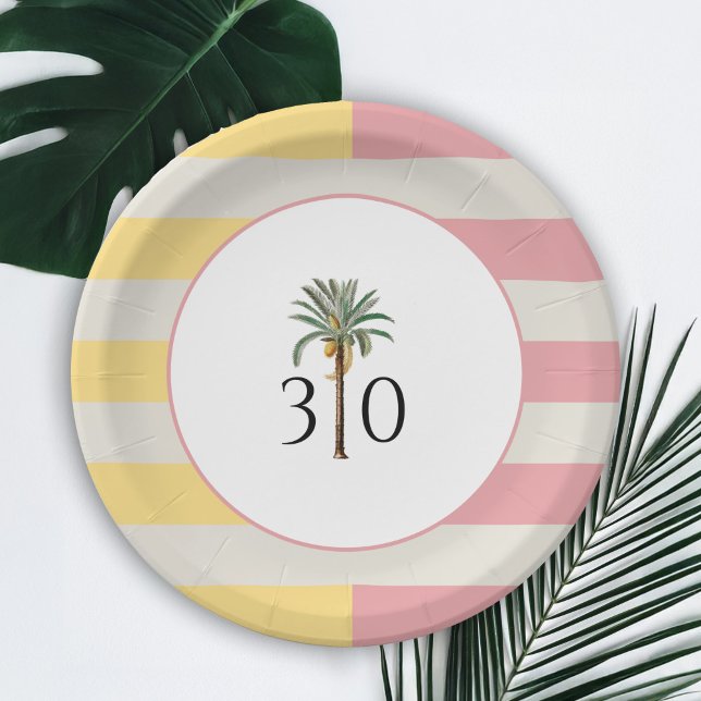 Plato De Papel 30th Birthday Palm Beach Tropical Pastel Stripe (Subido por el creador)