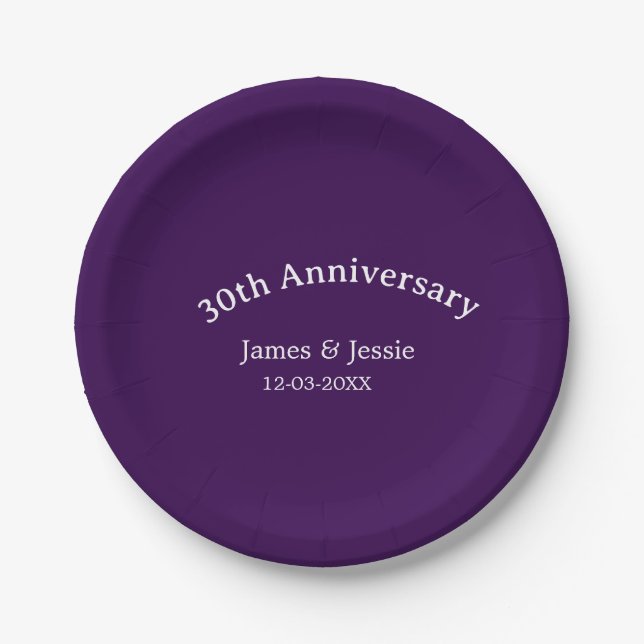 Plato De Papel 30th wedding anniversary name date purple simple  (Anverso)