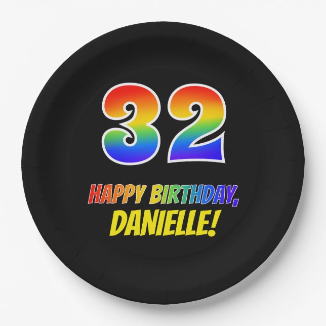 Plato De Papel 32º cumpleaños: audaz, divertido, simple, arcoiris (Anverso)