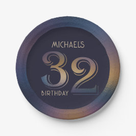Plato De Papel 32.º púrpura oscuro moderno y cumpleaños dorado