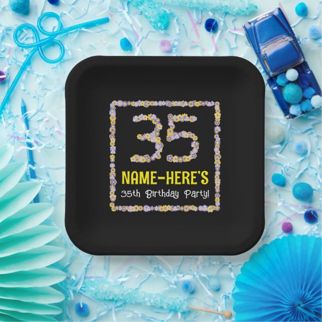 Plato De Papel 35º cumpleaños: Flores florales número, nombre per (Fiesta)