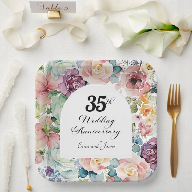 Plato De Papel 35° Aniversario Boda Elegante Script Floral (Boda)