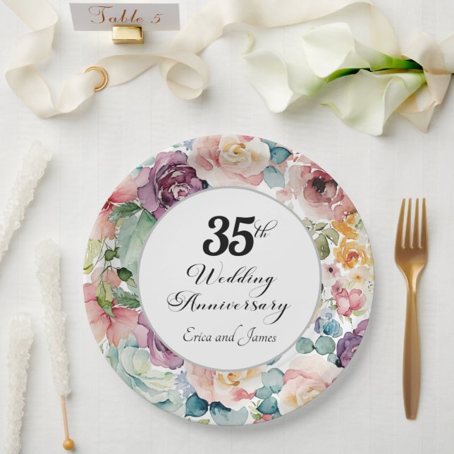Plato De Papel 35° Aniversario Boda Elegante Script Floral (Boda)