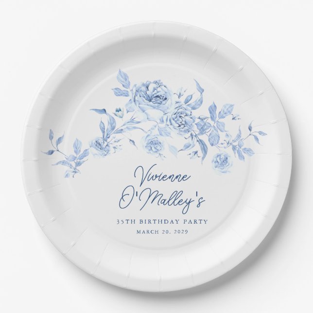 Plato De Papel 35th Birthday Party Blue Rose Floral Custom (Anverso)