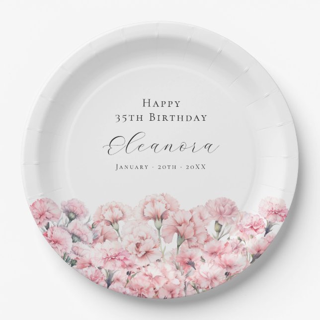 Plato De Papel 35th Birthday Pink Carnation January Birth Flower (Anverso)
