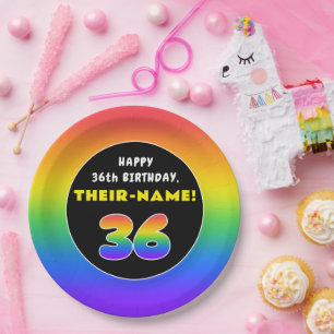Plato De Papel 36º cumpleaños: arcoiris colorido # 36, nombre per