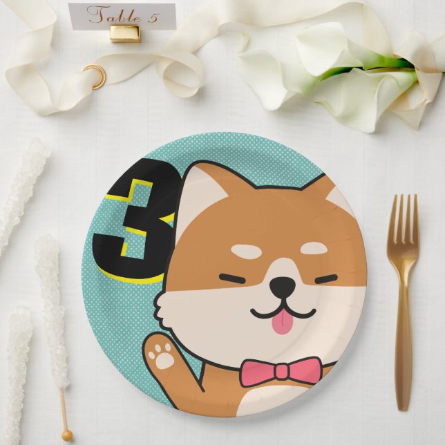 Plato De Papel 3.ᵉʳ Fiesta de cumpleaños, Cute Shiba Inu Puppy Ai (Boda)