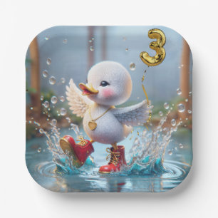 Plato De Papel 3.ᵉʳ Pato de cumpleaños bailando en un charco de l