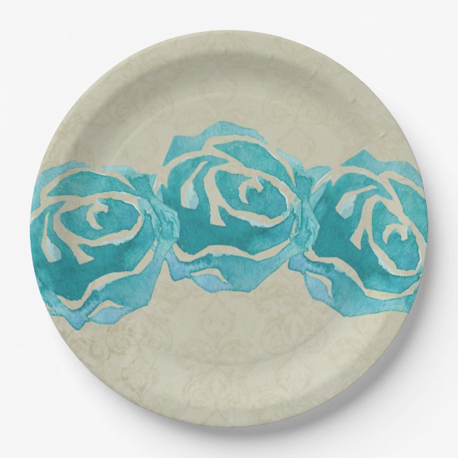 Plato De Papel 3 Rosas de acuarela Verde azulados sobre el modelo (Anverso)