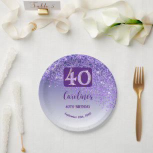 Plato De Papel 40.ª Moda de cumpleaños Purpurina morado