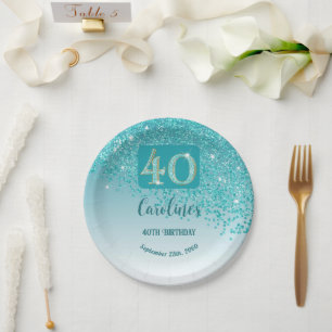 Plato De Papel 40.ª Moda de cumpleaños que cae Purpurina azul Ver