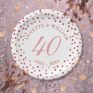 Plato De Papel 40.º Aniversario del Boda Ruby Hearts Confetti