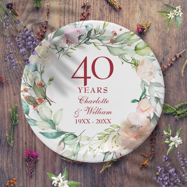 Plato De Papel 40.º Boda de Ruby Moda Rosas floral (40th Ruby Wedding Anniversary Chic Roses Floral Paper Plates)