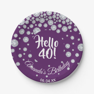 Plato De Papel 40.º cumpleaños diamantes de fiesta en morado hola