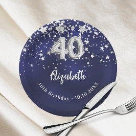 Plato De Papel 40.º cumpleaños estrellas de plata azul marino