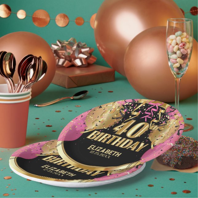 Plato De Papel 40.º cumpleaños - Globos rosados (Multi)