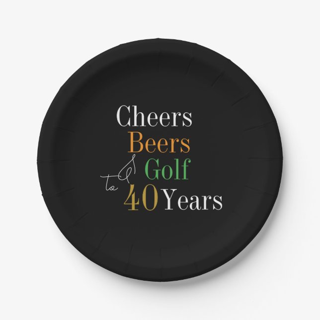 Plato De Papel 40.º Cumpleaños Golf Cheers Beers Black Gold Fiest (Anverso)