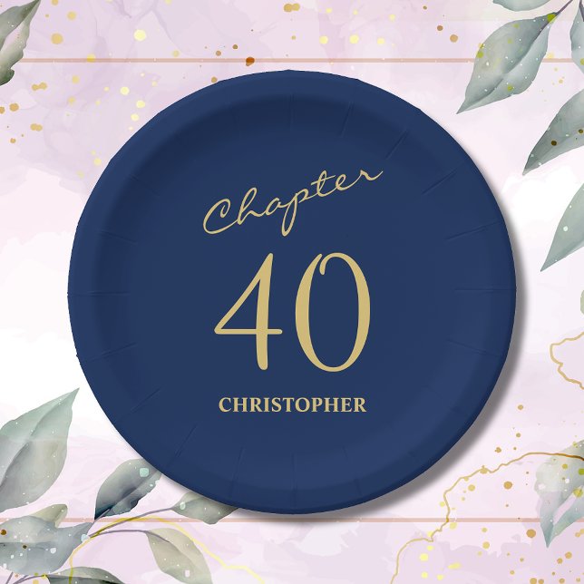 Plato De Papel 40.º cumpleaños Oro Azul Capítulo 40 (Make your loved one's 40th birthday celebration memorable with our stunning Blue Gold paper plates)