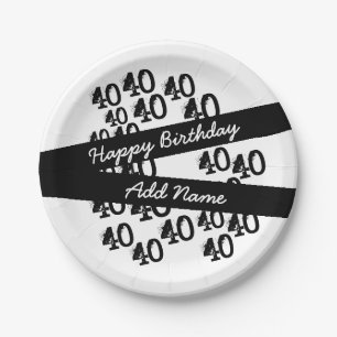 Plato De Papel 40.º cumpleaños Personalizado Funky Blanco Negro