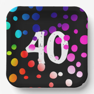 Plato De Papel 40.º cumpleaños, puntos arcoiris sobre negro