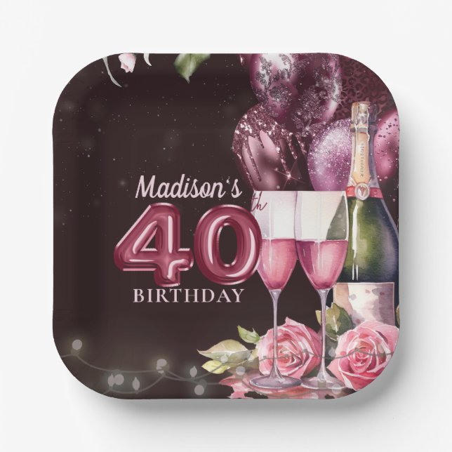 Plato De Papel 40.º cumpleaños: vino y globos personalizados (Anverso)