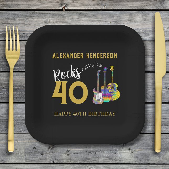 Plato De Papel 40.º Fiesta de cumpleaños Guitars Music Name Rocks (Rock and roll guitar black and gold 40th birthday party personalized paper plate)