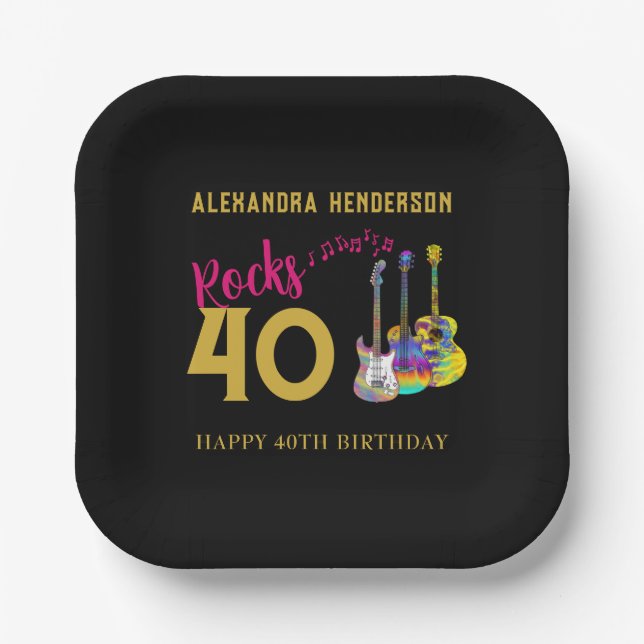 Plato De Papel 40.º Fiesta de cumpleaños Guitars Music Rocks 40 (Anverso)