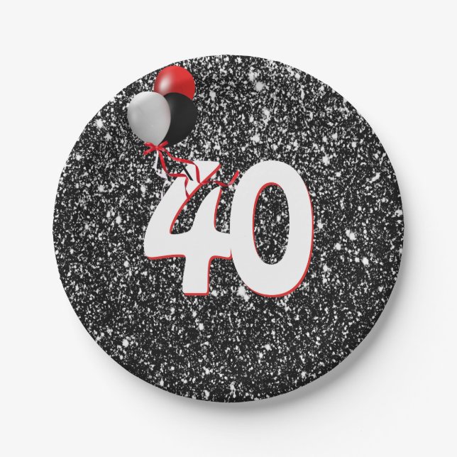 Plato De Papel 40.º globo de cumpleaños sobre Purpurina negro (Anverso)
