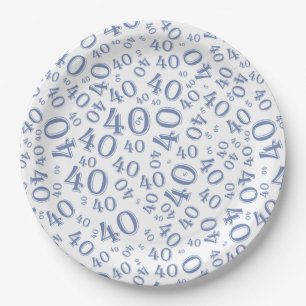 Plato De Papel 40.º patrón de número de cumpleaños azul/blanco