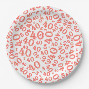 Plato De Papel 40.º patrón de número de cumpleaños: coral/blanco