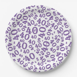 Plato De Papel 40.º patrón de número de cumpleaños morado/blanco