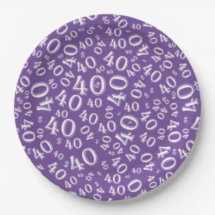 Plato De Papel 40.º patrón de número de cumpleaños morado/blanco