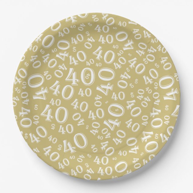 Plato De Papel 40.º patrón de número de cumpleaños oro/blanco (Anverso)