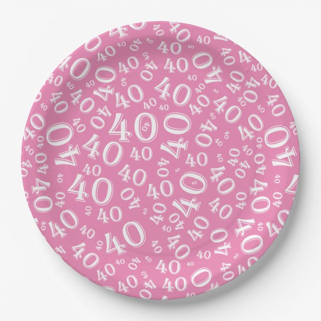 Plato De Papel 40.º patrón de número de cumpleaños rosa/blanco (Anverso)