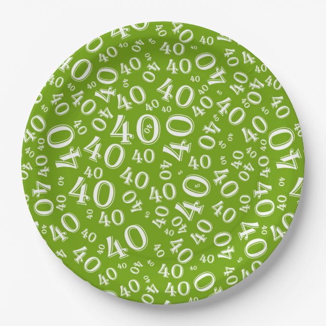 Plato De Papel 40.º patrón de número de cumpleaños verde/blanco (Anverso)