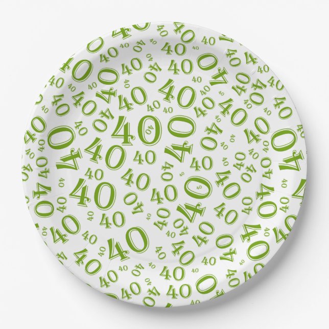 Plato De Papel 40.º patrón de número de cumpleaños verde/blanco (Anverso)
